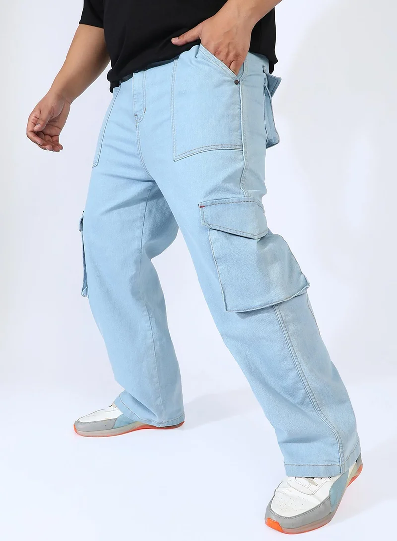 Instafab Plus  Men's Light Blue Utility Cargo Denim Jeans For Casual Wear | Mid-Rise | Straight Fit | Button Closure | Plus-Size Denim Jeans Crafted With Comfort Fit For Everyday Wear for Men | Best Price UAE